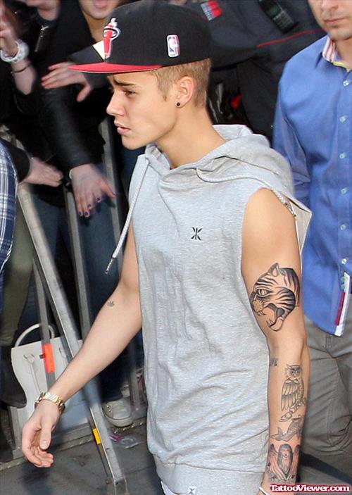 Tiger Owl And Angel Tattoo On Justin Left Arm