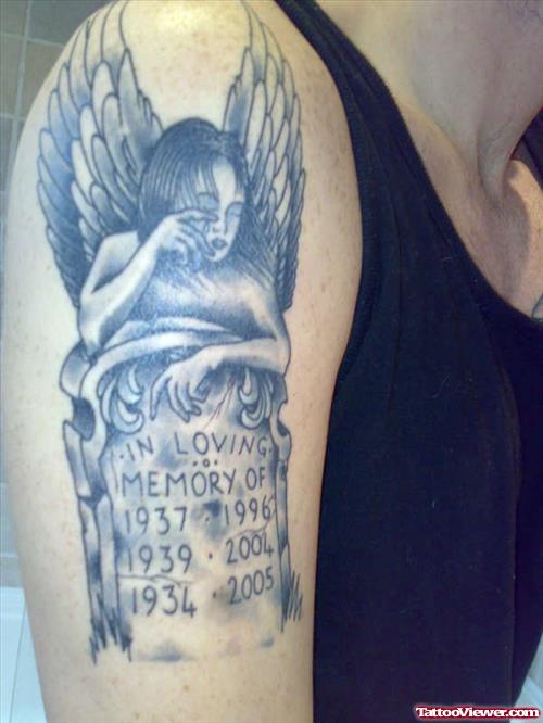 Memorial Angel With Tombstone Tattoo On Right Half Sleeve