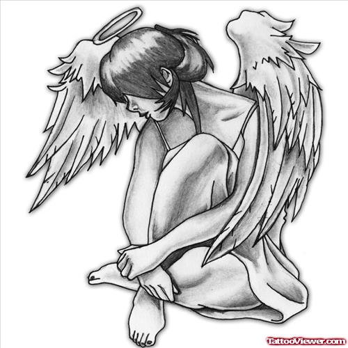 Latest Angel Girl Sitting Tattoo Design
