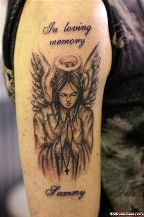 In Loving Memory Praying Angel Tattoo On Right Bicep