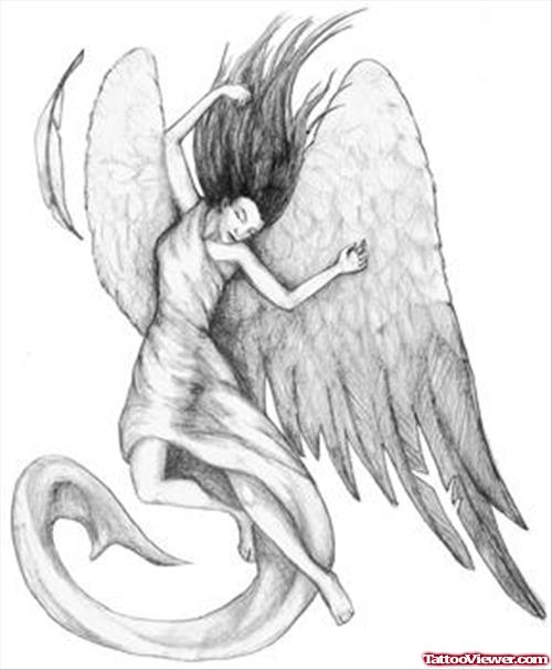 Grey Ink Flying Angel Tattoo Design