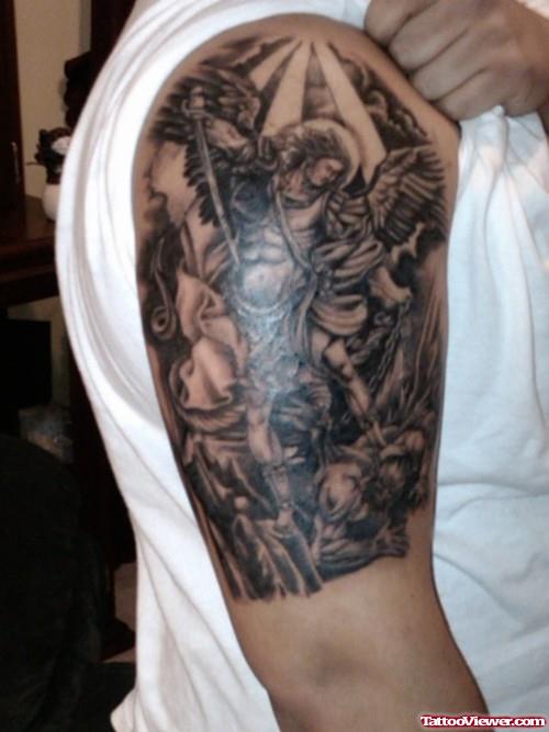 Grey Ink Archangel Fight with Devil Grey Ink Tattoo On Half Sleeve