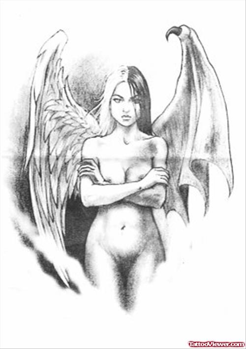 Girl With Angel And Devil Wing Tattoo Design