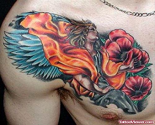 Colored Flowers And Angel Tattoo On Man Chest
