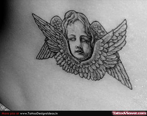 Cherub Angel And Angel Wings Grey Ink Tattoo