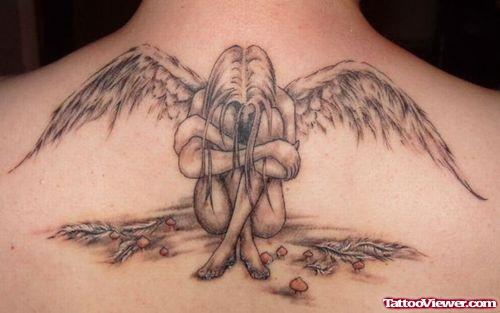 Awesome Grey Ink Angel Tattoo On Upperback
