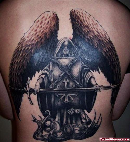 Angel With Dagger Tattoo On Back Body
