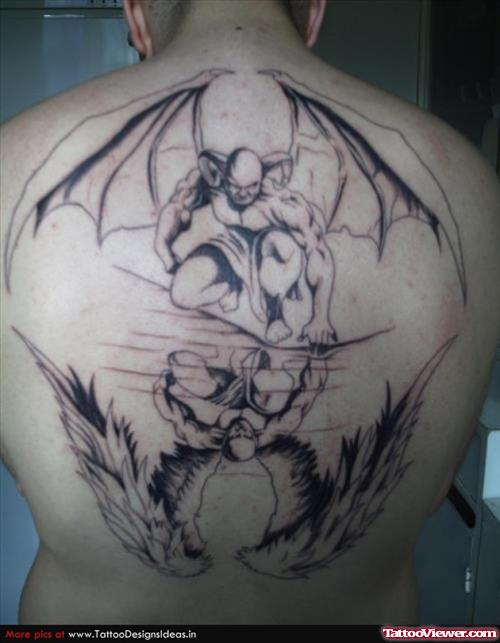 Angel Vs Devil Grey Ink Tattoo On Back Body