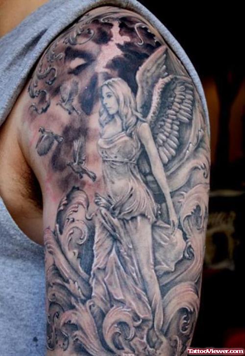 Amazing Grey Ink Angel Tattoo On Half Sleeve