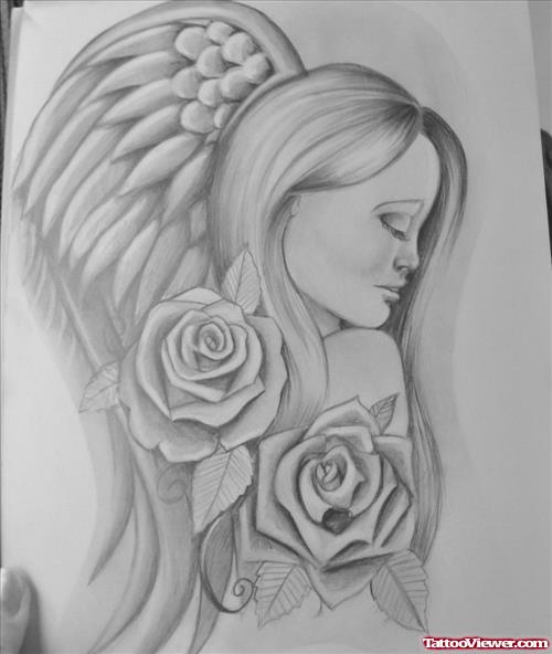 Rose Flowers And Angel Girl Tattoo Design