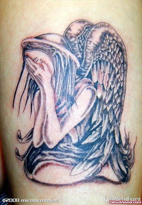 Grey Ink Fallen Angel Girl Tattoo
