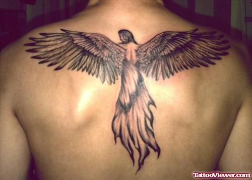 Large Wings Angel Girl Tattoo On Upperback