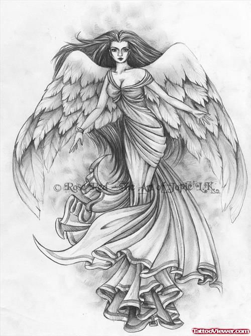 Large wings Angel Girl Tattoo Design