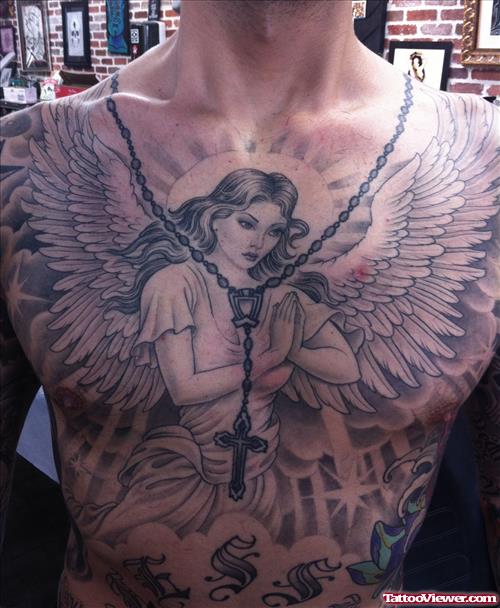 Grey Ink Angel Girl Praying Tattoo On Man Chest