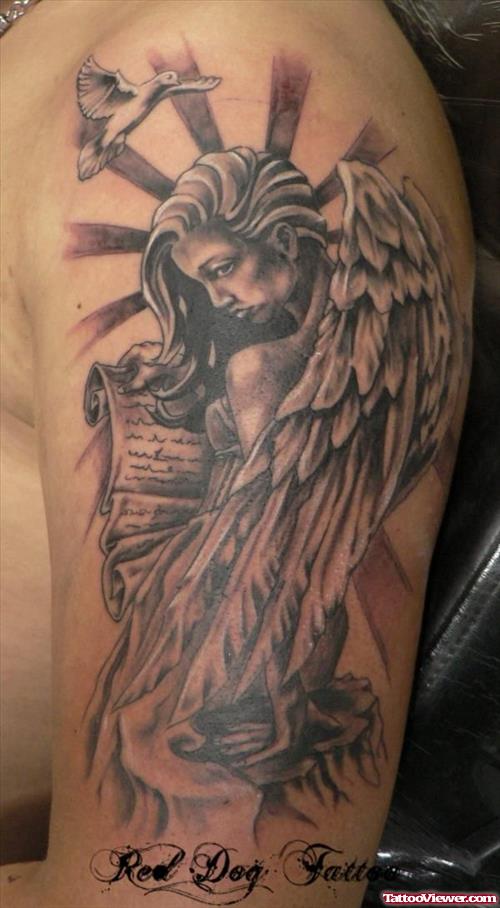 Flying Dove And Angel With Scroll Banner Tattoo On Left Half Sleeve