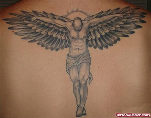 Flying Angel Grey Ink Tattoo On Back