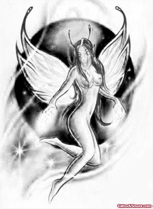 Flying Angel And Moon Tattoo Design