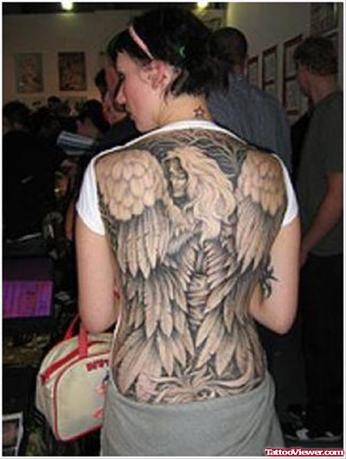 Dark Angel Tattoo On Girl Back Body