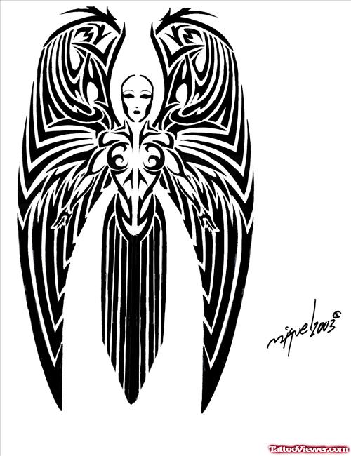 Black Ink Tribal Angel Tattoo Design