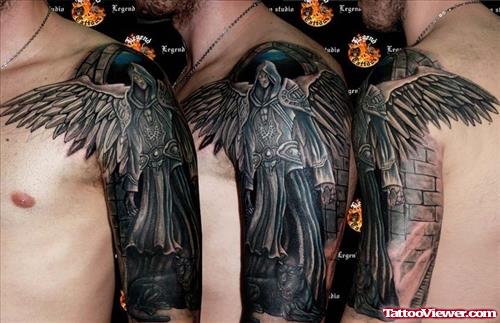 Black Ink Angel Girl Tattoo On Half Sleeve