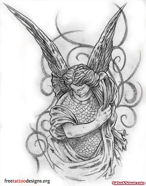 Angel With wings Grey Ink Tattoo Design