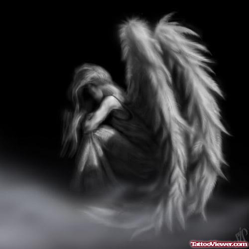 Angel Sitting In Dark Tattoo Design