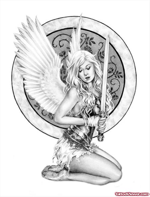 Angel Girl With Sword Tattoo Design
