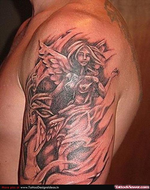 Left Shoulder Grey Ink Angel Tattoo For Men