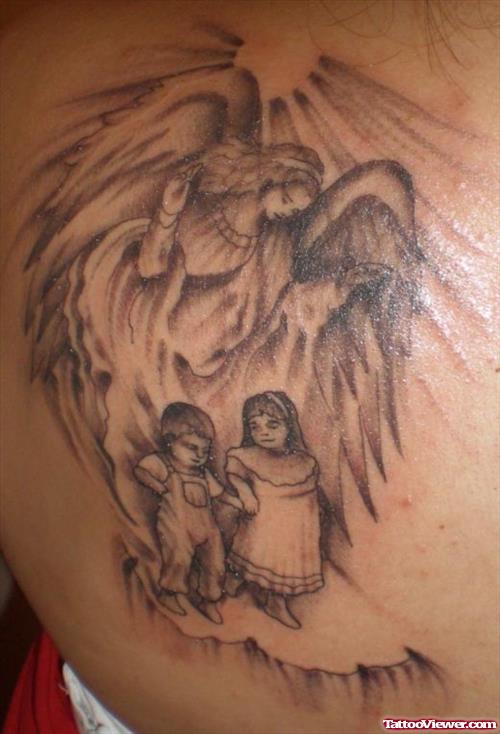 Guardian Angel Grey Ink Tattoo On Left Back Shoulder