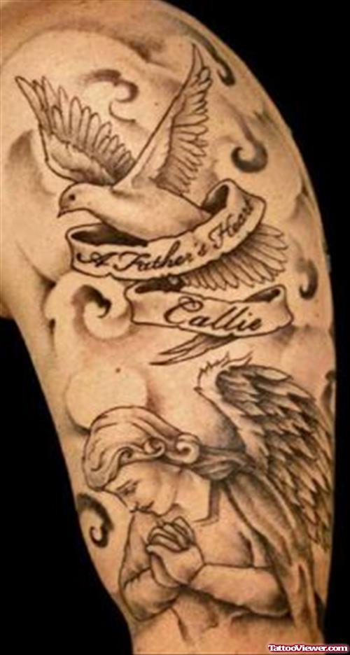 Flying Dove And Cherub Angel Tattoo On Half Sleeve