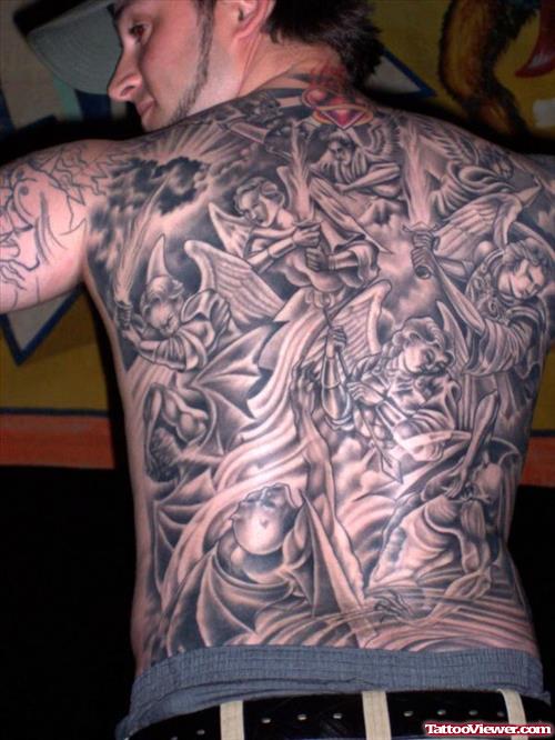 Fighting Angel Grey Ink Tattoo On Man Back Body