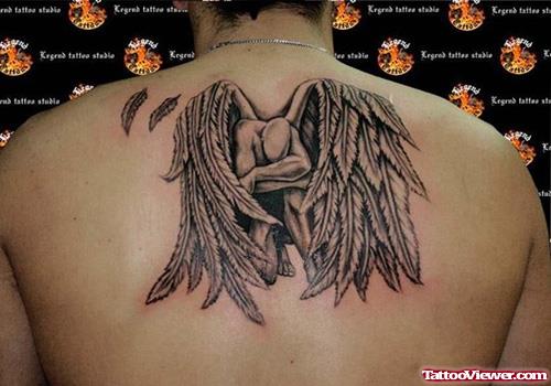 Fallen Angel Grey Ink Tattoo On Upperback