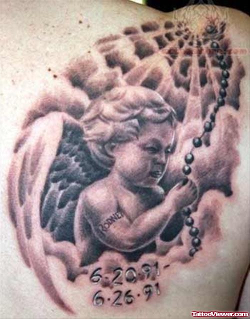 Cherub Baby Angel Memorial Tattoo On Back Shoulder