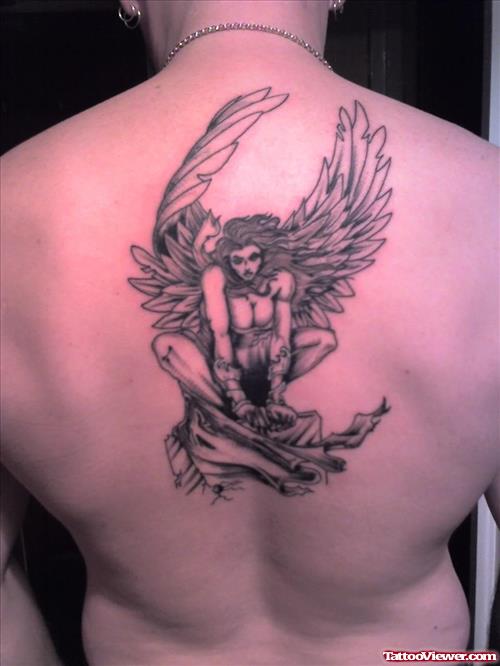 Awesome Grey Ink Angel Tattoo On Man Back Body