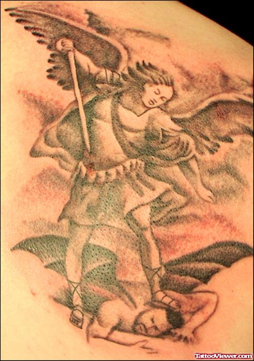 Archangel Grey Ink Tattoo On Right Back Shoulder