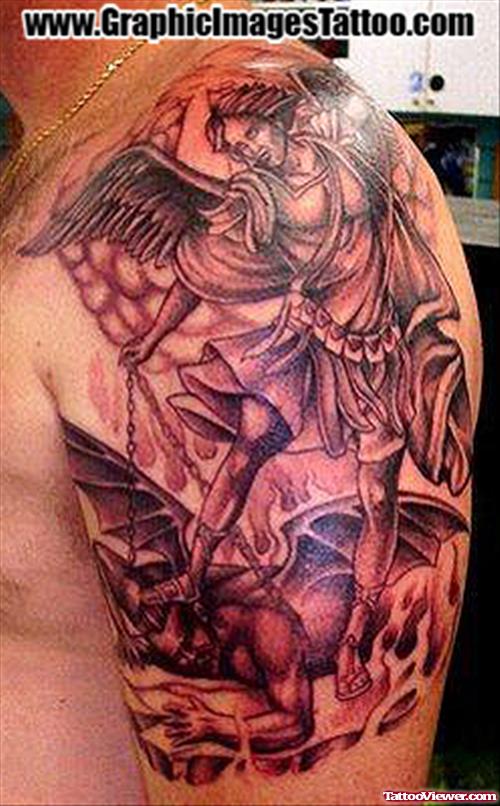 Archangel And Devil Tattoo On Left shoulder