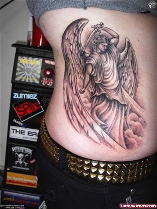 Guardian Angel With Sword Tattoo On Side Rib
