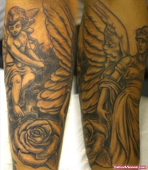 Grey Ink Rose Flower and Baby Angel And Guardian Angel Tattoo