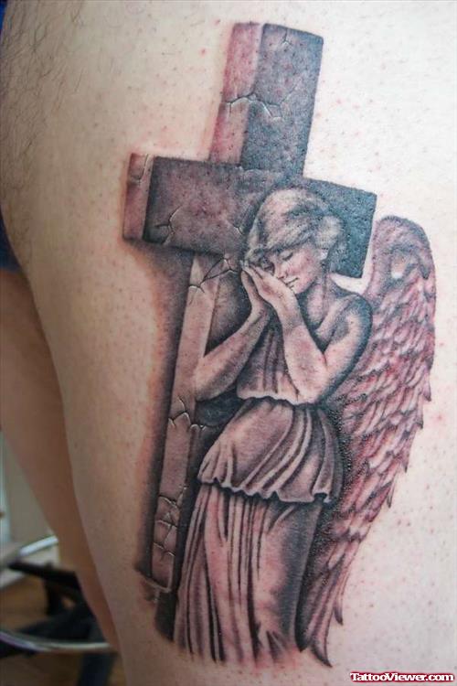 Grey Ink Cross And Angel Tattoo
