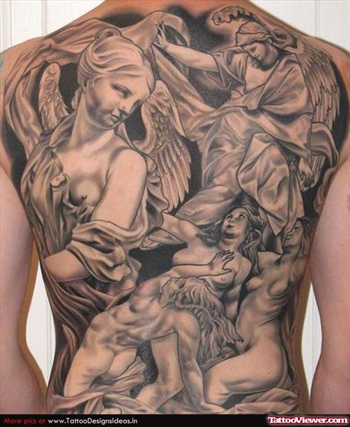 Grey Ink Angels Tattoos On Full Back