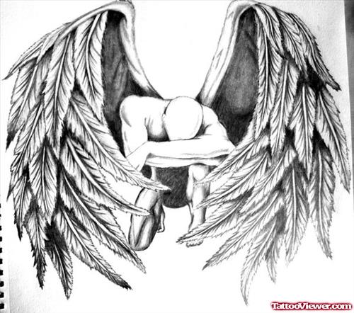 Fallen Angel Grey Ink Tattoo Design