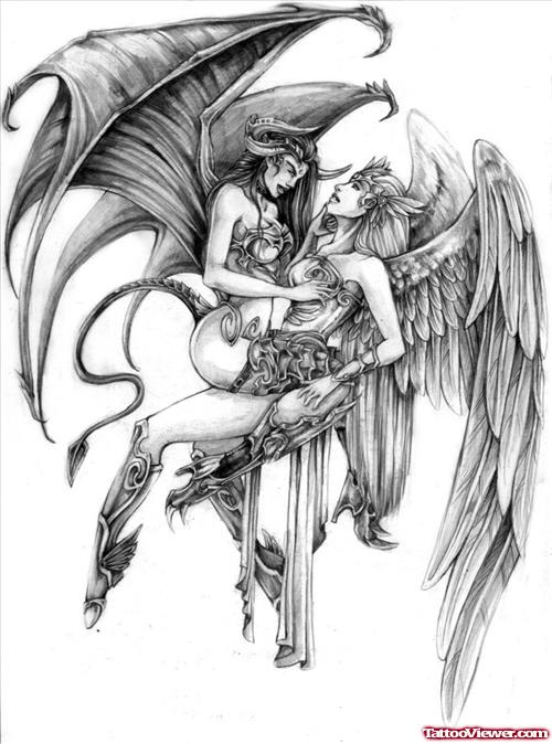 Devil Girl Sitting On Angel Tattoo Design
