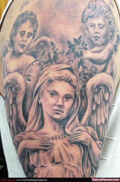 Cherub And Angel Grey Ink Tattoo On Half Sleeve