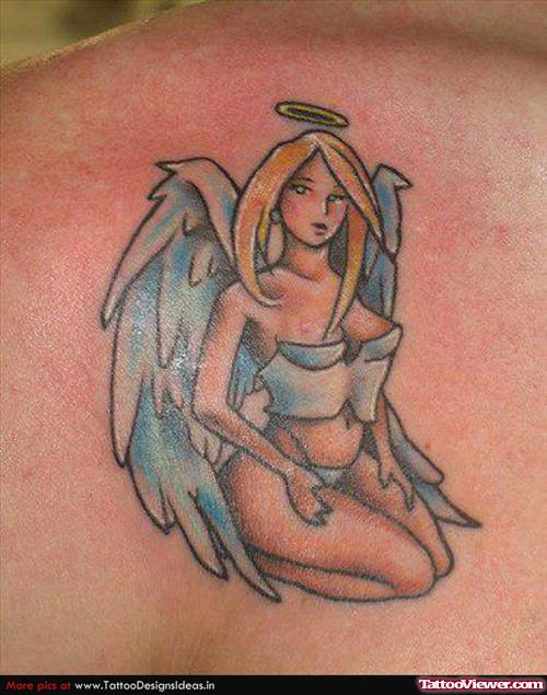 Blue Wings Angel Girl Tattoo On Back