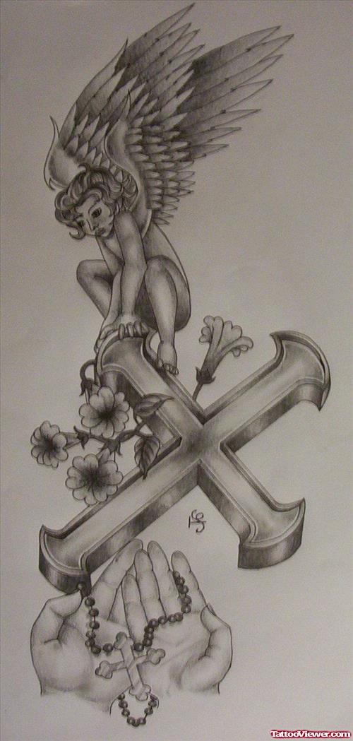 Angel On Cross Tattoo Design
