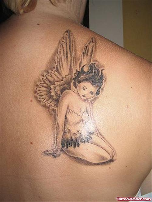 Angel Girl Grey Ink Tattoo On Right Back Shoulder