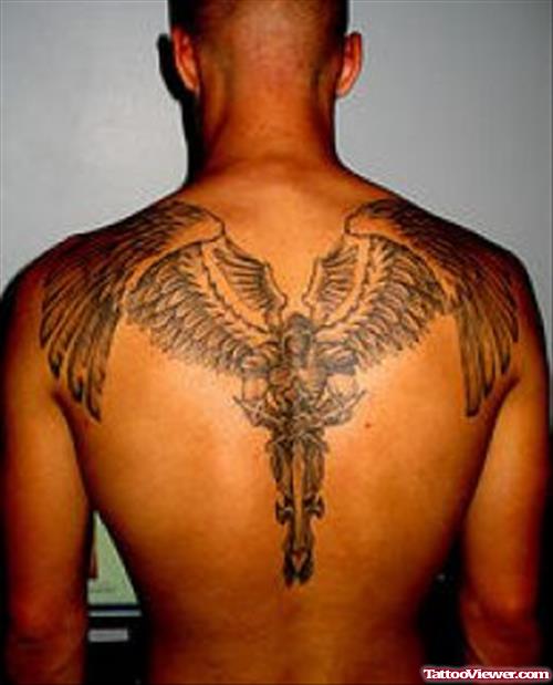 Warrior Angel Grey Ink Tattoo On Upperback