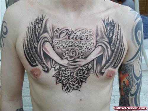 Memorial AngelAnd Rose Flowers Tattoo On Chest