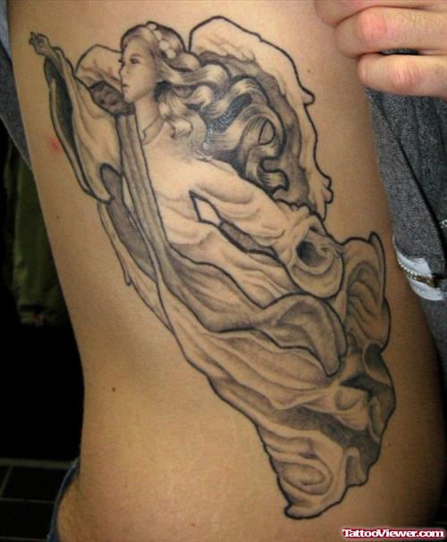 Grey Ink Angel Rib Side Tattoo