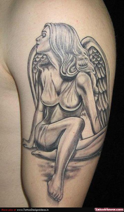 Grey Ink Angel Girl Grey Ink Tattoo On Left Half Sleeve
